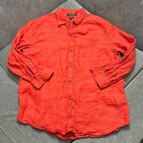 Lauren Ralph Lauren Tops - Lauren Ralph Lauren Monogram Linen Button Down Shirt-Burnt Orange Color Size L